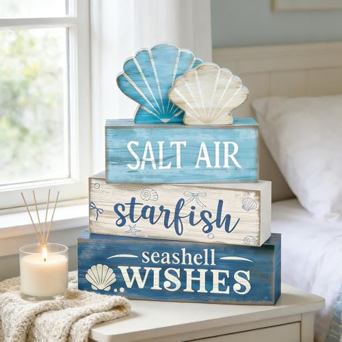 4 Pcs Coastal Summer Beach Tiered Tray Decor Rustic Wooden Nautical Centerpiece Set with Shell Starfish Farmhouse Style Beach Room Decor Summer Tiered Tray Decor - style: Coastal