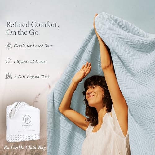 Threadmill Luxury 100% Cotton King Herringbone Blanket, Light Blue - color: Light Blue, size: King (106" x 92")