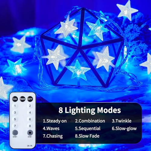 Star String Lights Plug in - 33 ft 100 LED Star Fairy String Lights with Remote and Timer, 8 Modes Waterproof for Bedroom Tent Loft Bed Window Backyard Patio Porch Balcony Staircase Party, Blue - color: Star - Blue - 33 FT