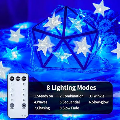 Star String Lights Plug in - 33 ft 100 LED Star Fairy String Lights with Remote and Timer, 8 Modes Waterproof for Bedroom Tent Loft Bed Window Backyard Patio Porch Balcony Staircase Party, Blue - color: Star - Blue - 33 FT