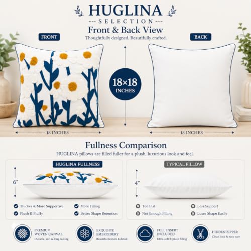 Selection Ivory White Woven Embroidered Throw Pillow, 18x18 Inch Decorative Pillow with Insert Included, Modern Blue Floral Embroidery, Hidden Zipper, Farmhouse Boho Couch Sofa Bed Pillow