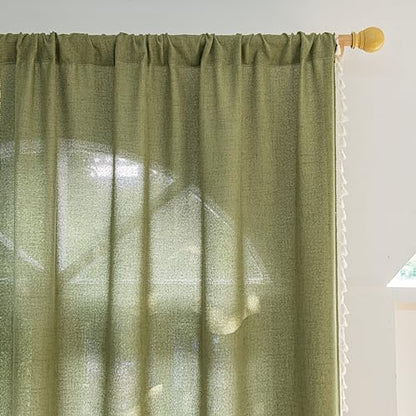 Sutuo Home Boho Curtains 63 Inches Long, Bohemian Linen Style Textured Curtains with Tassels for Bedroom, Semi Blackout Farmhouse Drapes, Rod Pocket Window Treatments 2 Panels, 52" x 63", Olive Green - color: Olive Green Linen, size: 52"W x 63"L (Pack of