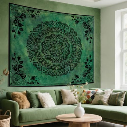 Green Boho Mandala Tapestry for Bedroom, Large Hippie Ceiling Wall Hanging - color: Green Tapestry, size: 79"L x 60"W