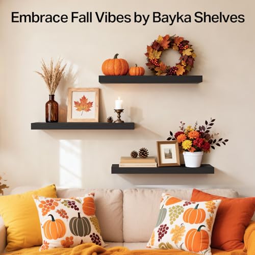 BAYKA Black Floating Shelves 15.7in, Set of 3, Wall Mount Rustic Wood Shelf - color: A. Black - Universal Classic Style, size: 15.7inches