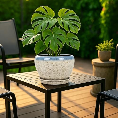 Deep Dream 8 Inch Plant Pots- Ceramic Pots for Plants with Drainage Hole and Saucer, Large Planter Pot for Indoor Plants Outdoor Decor, Beige&Blue - color: Beige&blue, size: 8 Inch