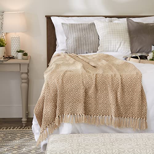 DII Rustic Farmhouse Double Diamond Woven Throw, 50x60, Stone - color: Stone, size: 50x60"