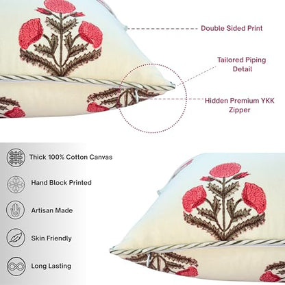 ATOSII Cotton Blockprint Throw Pillow Cover, Poppy, Set of 2, 18 X 18 - color: Poppy, size: 18" x 18" (Pack of 2)