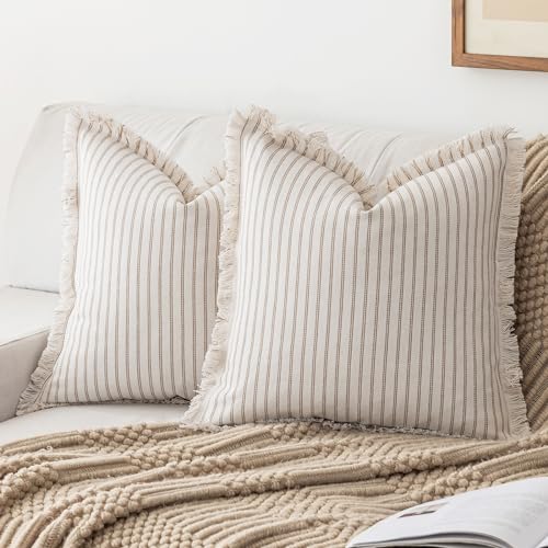 YEENAASY Throw Pillow Covers 20x20 Boho Striped Pillow Cases with Tassel - color: Khaki, size: 20" x 20" (Pack of 2)