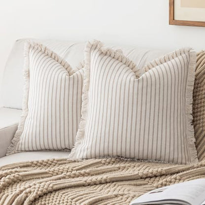 YEENAASY Throw Pillow Covers 20x20 Boho Striped Pillow Cases with Tassel - color: Khaki, size: 20" x 20" (Pack of 2)
