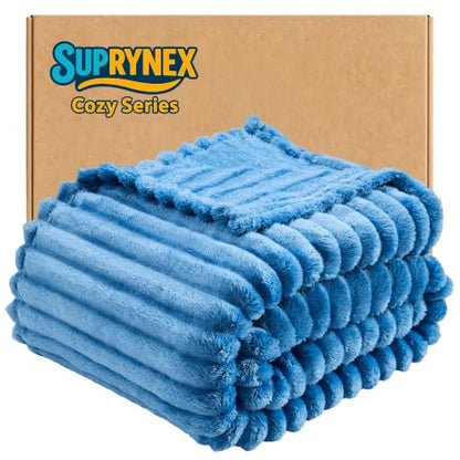 330GSM Ribbed Fleece Twin Blanket for Bed, Blue, 60"x80" - color: Blue, size: Twin(60"x80")