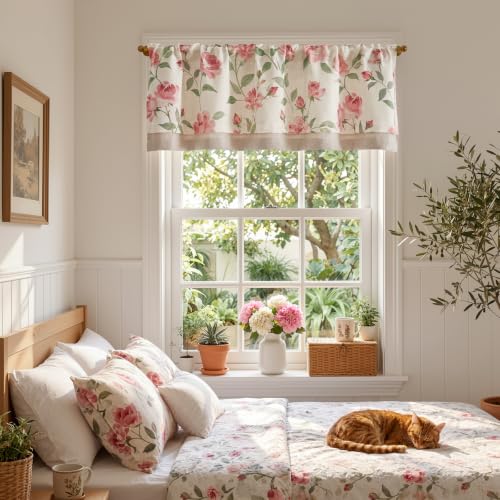 jinchan Blushfield Floral Linen Double Layer Cafe Curtains 16 Inch 1 Panel - color: Pink, size: 50"W x 16"L (Pack of 1)