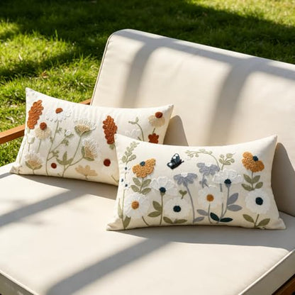 Embroidered Spring Lumbar Pillow Covers 20x12 Inch Set of 2 - Summer Floral Boho Farmhouse Decorative Pillows for Living Room Couch Sofa Bed Cushion Pillowcase (2, Blue and Orange, 20 x 12)