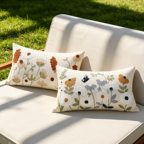 Embroidered Spring Lumbar Pillow Covers 20x12 Inch Set of 2 - Summer Floral Boho Farmhouse Decorative Pillows for Living Room Couch Sofa Bed Cushion Pillowcase (2, Blue and Orange, 20 x 12)