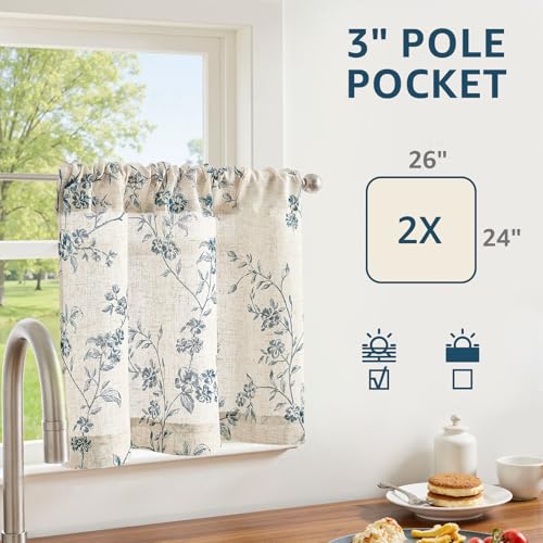 jinchan Floral Linen Kitchen Tier Curtains, 24 Inch, 2 Panels, Blue - color: Alisa Blue, size: 26"W x 24"L (Pack of 2)