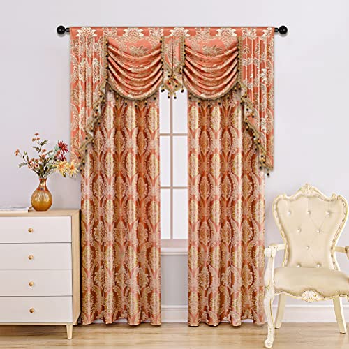 ELKCA Damask Coffee Jacquard Swag Waterfall Valance Luxury Curtain Valance for Living Room Kitchen Valance,Rod Pocket, W69 Inch,1 Panel - color: Valance,damask-coffee, size: 69"W x 43"L (Pack of 1)