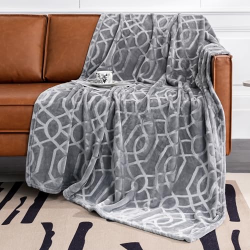 Soft Cozy Fleece Throw Blanket, 50x60 Inches – Lightweight Plush Blanket for Couch, Fuzzy 3D Jacquard Design, for Sofa, Bed & Travel - Light Grey - color: Light Grey, size: Throw (50" x 60")