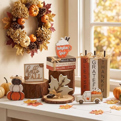 11 Pcs Fall Table Decorations Autumn Pumpkin Wooden Decorative Set Featuring Blessings Gratitude and Appreciation Sign for Thanksgiving Various Occasions Family Dining Kitchens Offices - style: Pumpkins