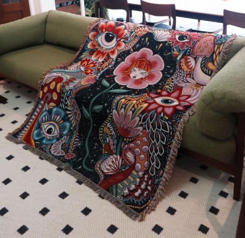 Hippie Flower Cotton Woven Boho Throw Blanket for Couch Bed Chair Lounge Hippie Room Decor Reversible Whimsical Throw Blanket Witchy Room Decor Throws Bed Spread Outdoor Camping Blankets 51x59 Inches - color: Woven Aesthetic Girl