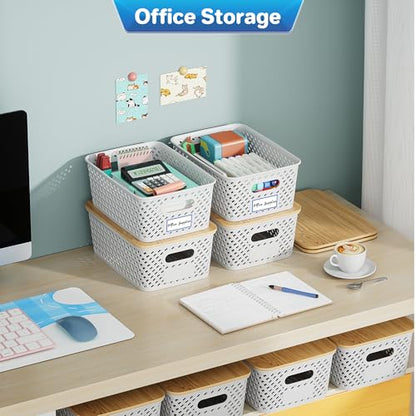 Anysig 8 Pack Plastic Storage Bins with Bamboo Lids, 5.2 QT Stackable Bins - color: Cream White