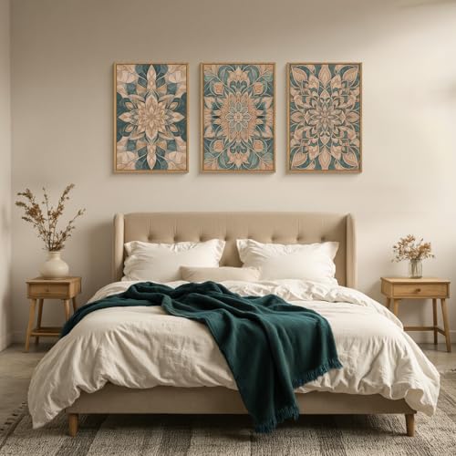HLNIUC Mandala Boho Framed Canvas Wall Art, Vintage Green Abstract Flower Decor, Scandinavian Botanical Artwork Set of 3(24x36), Southwestern Mexican Bohemian Prints for Living Room, Bedroom, Office - color: Mandala, size: 24"L x 36"W