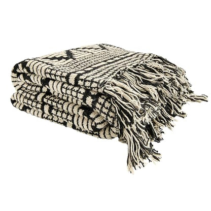 Bloomingville Soft Reclaimed Cotton Blend Throw with Diamond Pattern and Fringe, Black and Beige - color: Black and Beige