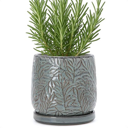 D'vine Dev Embossed Leaves Ceramic Planter, 6 in, Graphite Blue, 27-A-X-9 - color: Graphite Blue, size: 6 Inch
