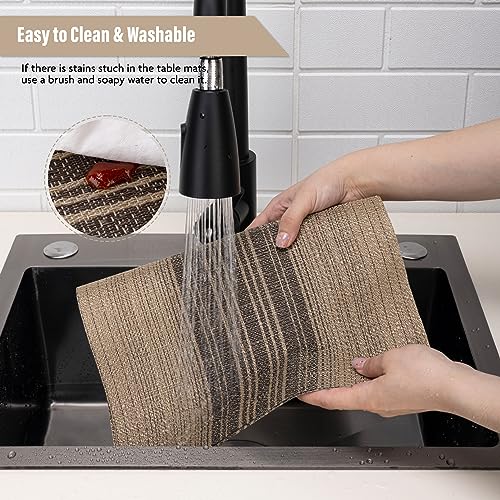 Winknowl Placemats Set of 8, Washable Vinyl Woven Placemats, Heat Resistant & Wipeable Table Mats for Kitchen Dining Table (Brown) - color: Black and Brown, size: Set of 8