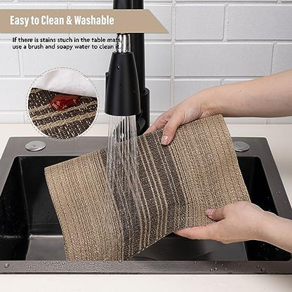 Winknowl Placemats Set of 8, Washable Vinyl Woven Placemats, Heat Resistant & Wipeable Table Mats for Kitchen Dining Table (Brown) - color: Black and Brown, size: Set of 8