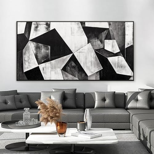 Large Framed Abstract Wall Art For Living Room Geometric Block 29" X 58" - color: Ink Black, size: 58"L x 29"W