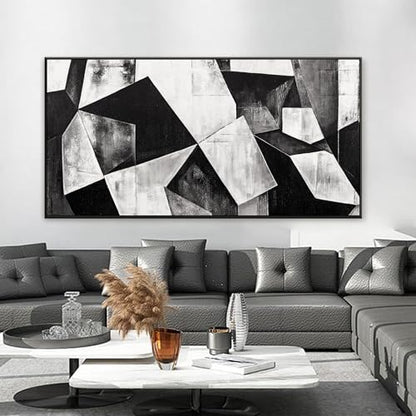 Large Framed Abstract Wall Art For Living Room Geometric Block 29" X 58" - color: Ink Black, size: 58"L x 29"W