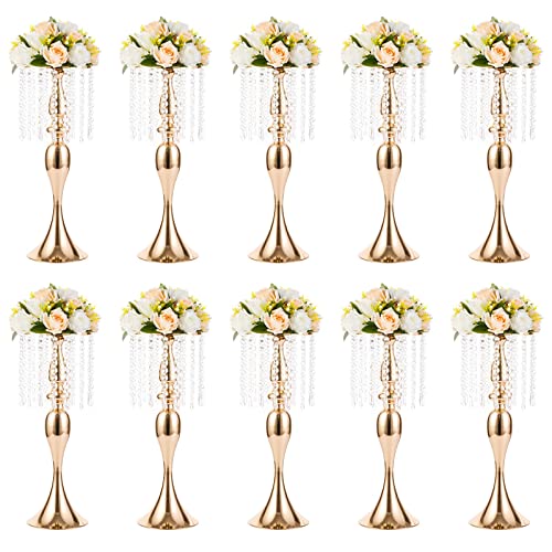 NUPTIO Tall Vase Table Centerpiece, 21.3", Gold, 10 Pcs | Crystal Metal Flower Holder Stand, for Wedding Reception, Tables, Road Lead, Party - color: Gold, size: 10 x L