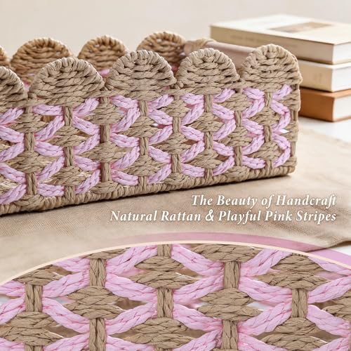 Set of 2 Paper Rope Scalloped Baskets with Wooden Handles