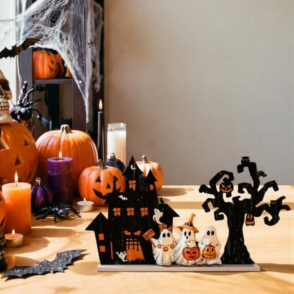 Smile Halloween Wooden Standing Decor Set Ghost Haunted House and Tree - style: Halloween Tree