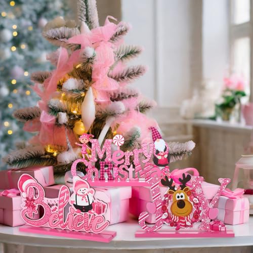 Blulu 3 Pcs Pink Christmas Wooden Signs Tabletop Farmhouse Centerpieces - color: Pink