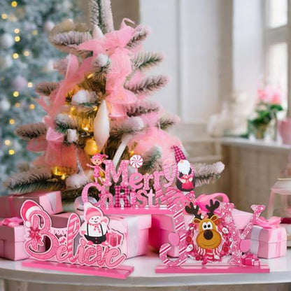 Blulu 3 Pcs Pink Christmas Wooden Signs Tabletop Farmhouse Centerpieces - color: Pink