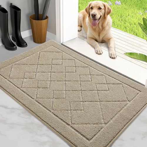 REFETONE Dirt Trapper Door Mat 24" x 36", Non-Slip Washable Doormats Beige | Washable Entryway Rugs,Dirt Resist and Absorbent Welcome Mat,Low Profile Floor Mat for Front Back Door - color: Beige, size: 2' x 3' (Rectangular)