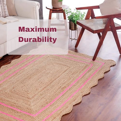 Wave Scalloped Jute Rug Entryway Natural Boho Area Rug Dark Pink 2'x3' - color: Dark Pink, size: 2'x3'