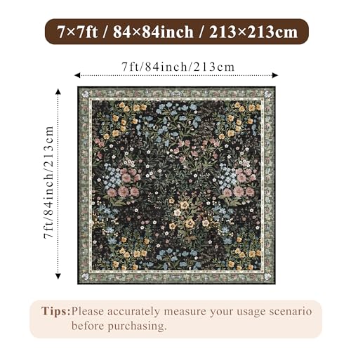 Vintage Floral Dining Room Rug 7x7-7ft Square Low Pile Non Slip Machine Washable Area Rug, Indoor Carpet for Under Table/Bed Living Room Bedroom Office Nursery Entryway Playroom (7ft Square, Black) - color: Black, size: 7x7