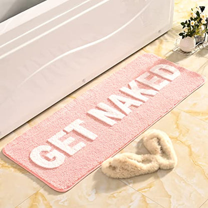 QJHOMO Long Get Naked Bath Mat Cute Pink Bathroom Rug Non Slip, 18" x 48" - color: Pink and White, size: 1'6" x 4' (Rectangular)