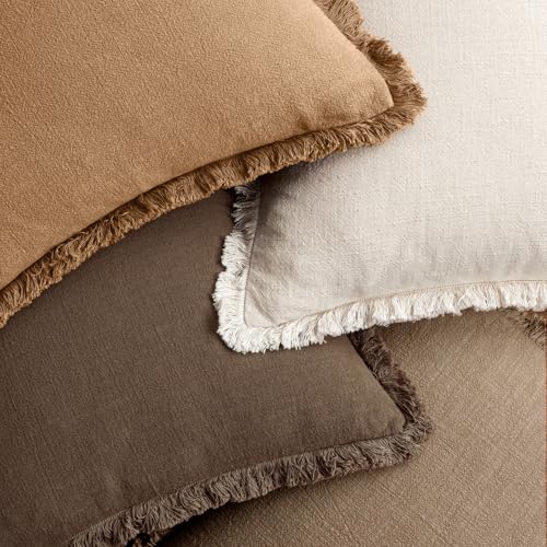 MIULEE Fall Linen Fringe Pillow Covers Set of 4 18x18 Neutral Brown - color: Neutral Brown, size: 18" x 18" (Pack of 4)