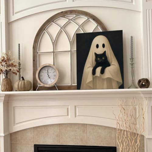 Halloween Wall Art Decor Ghost Holding Black Cat Canvas Print Framed - color: H