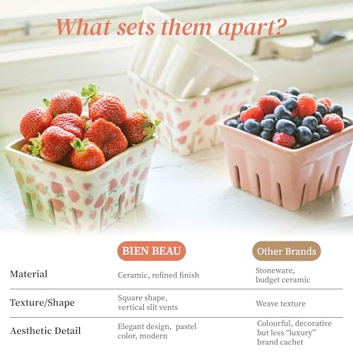 BIEN BEAU Pink Ceramic Berry Bowl with Colander,Set of 4 Strawberry Baskets - color: White,Pink