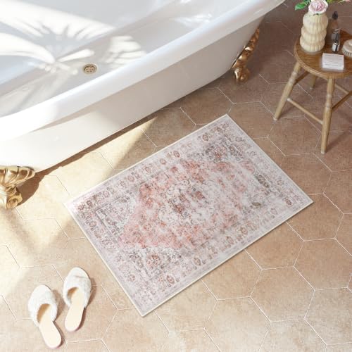Uphome Boho Bathroom Rugs, Distressed Farmhouse Blush Pink Bath Mat, Comfy Velvet Small Bath Rugs Non Slip Washable, Vintage Oriental Toilet Rug for Sink Shower Vanity, 18x26 inch - color: Blush Pink, size: 18 x 26 inch (Rectangular)