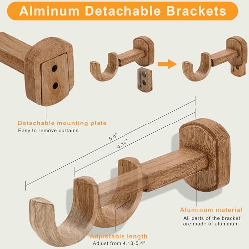 1-1/8 Inch Diameter Wood Curtain Rods for Windows 48 to 84 inch - Adjustable Seamless Aluminum Bracket - Heavy-Duty Boho Curtain Rods with Seaweed Finial - Brown Wood Grain - color: Light Wood Grain, size: 48-84"