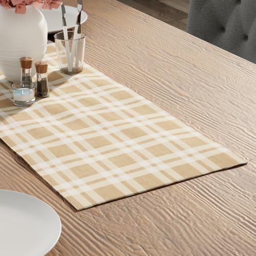 Encasa XO Table Runner, Woven Cotton Dining Linens 13"x36" Beige - color: Franca Beige Checks, size: 13x36 in
