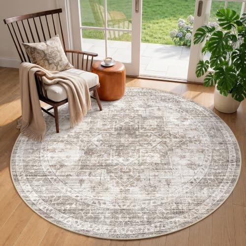 6ft Round Rugs for Living Room: 6x6 Washable Neutral Brown Area Rug - color: Brown, size: 6' (Round)