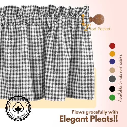 Native Fab Gingham Plaid Check 3 Pieces Window Curtain Tiers 26"x36" and Valance 54"x18" Set - Rod Pocket - Semi Sheer - Farmhouse Short Curtain for Kitchen, Bedroom, Bathroom - Grey and White - color: Grey White