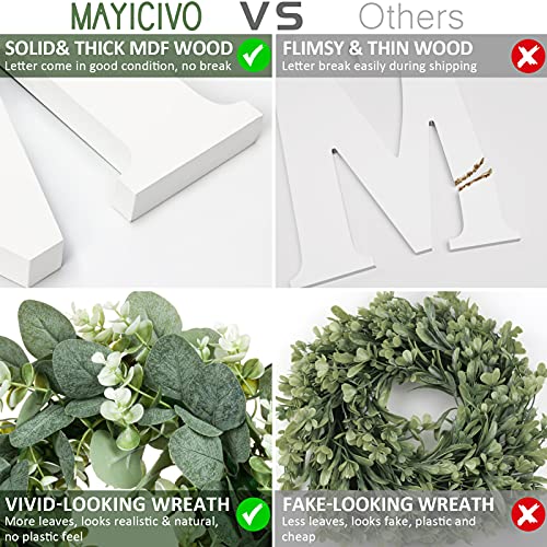 MAYICIVO Modern Wooden Home Sign with Artificial Eucalyptus Wreath, White and Beige, 13.81 inches Diameter, Wall Mount, MDF Wood, Plastic - color: White