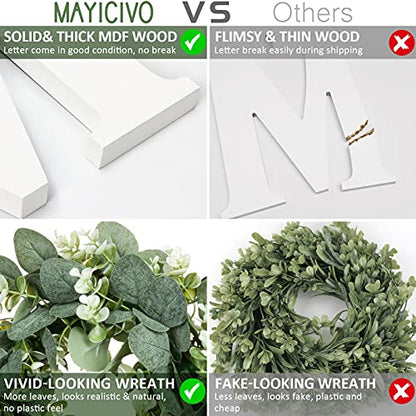 MAYICIVO Modern Wooden Home Sign with Artificial Eucalyptus Wreath, White and Beige, 13.81 inches Diameter, Wall Mount, MDF Wood, Plastic - color: White