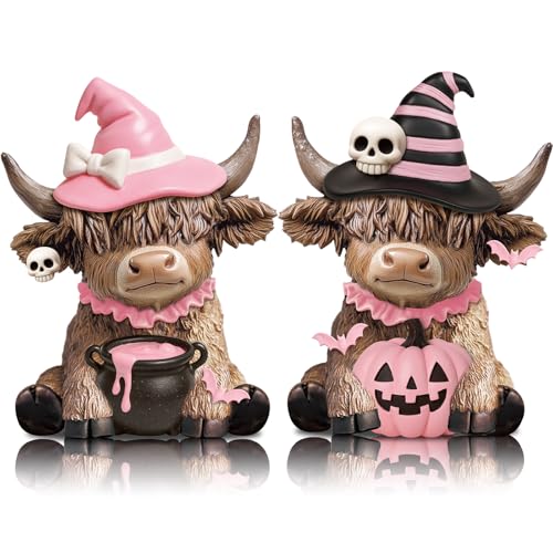 Karenhi 2 Pcs Pink Halloween Cow Figurines Resin Statues Tabletop Desk - style: Pink Ghost